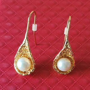 New Amazing Design Faux Pearl Woven Scoop Yellow Gold Plated Drop Earrings